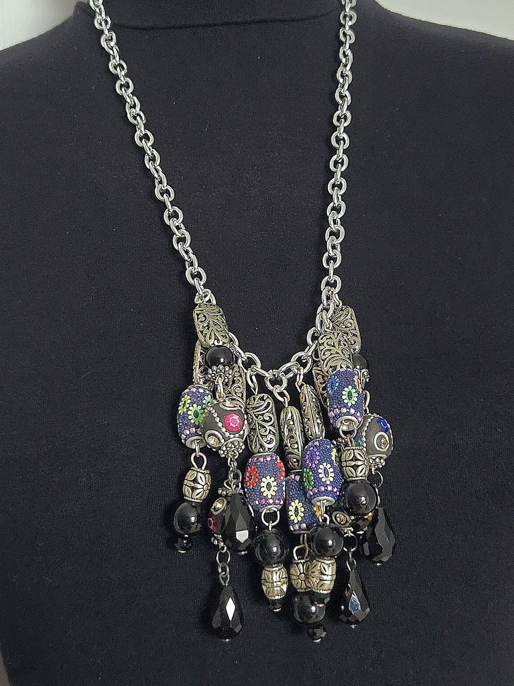 Handmade Millefiori Floral Bead/Rhinestone Disco Ball Fringe Statement Necklace